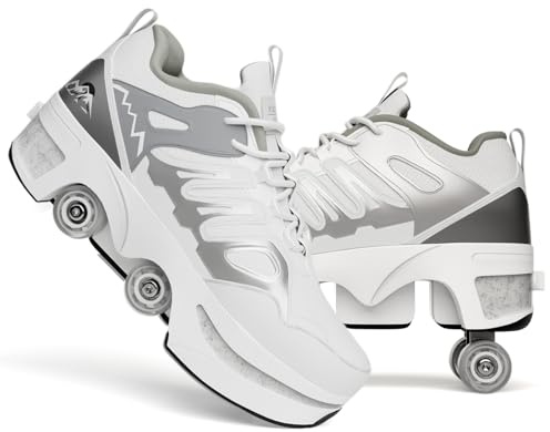Rollschuhe Kinder, Schuhe mit Rollen für mädchen, Roll Schuhe, 2-in-1 Rollschuhe Schuhe mit Versteckten Rädern - Quad Skates für Fitness, Freizeit und Urban Skating - Damen Herren, white-35