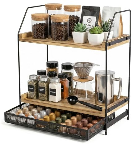 Coffee Station Organizer for Countertop - 2 Tier Wood Coffee Bar Accessories Organiser with Storage Box, Large Kitchen Countertop Shelf for Coffee Syrup, Mug, Pods, Tea Station for Home & Office