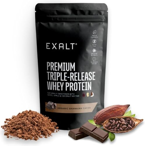 EXALT Nutrition - Whey Protein Powder - Ghanaian Cacao - 1kg - Premium Grass Fed Whey - Micellar Casein & Free Range Egg White - 7hr Triple-Release Blend - Naturally Sweetened with Dates