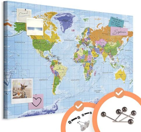 Pinnwand B&D XXL - deutsche Weltkarte zum pinnen - Pinnwand & Leinwandbild 90x60 cm 1 Teilig Kunstdruck modern Wandbilder XXL Wanddekoration Design Wand Bild - Landkarte Karte k-A-0152-v-a