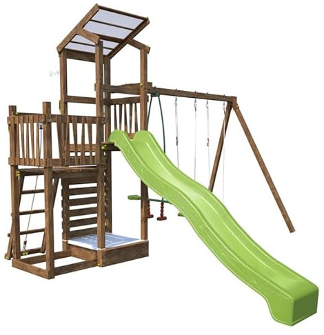 Aire de Jeux pour Enfant 2 Tours avec portique et Mur d'escalade - Funny Swing & Climbing 150