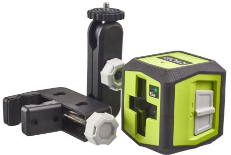 RYOBI batteriebetriebener Kreuzlinienlaser RBCLLG1, horizontale und vertikale Laserlinie bis max. 15 m, inkludierte Halterung, für den Außenbereich geeignet