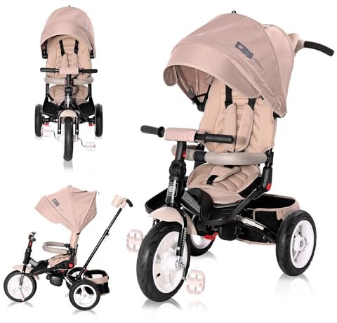 Lorelli Dreirad Jaguar ab 1 Jahr mit Schubstange, Sicherheitsgurt, 360 drehbar, Tricycle, Verstellbarer Elterngriff, Freilaufrad Funktion, Luftreifen, Getränkehalter, Spielzeugkorb, beige