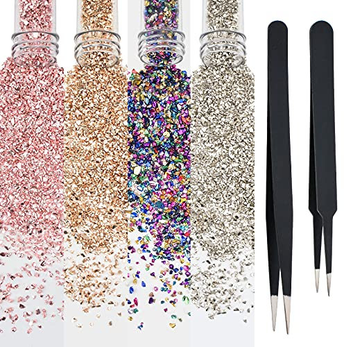 WANDIC 4 Couleurs de Verre écrasé irrégulier, éclats de 2 à 4 mm, Couleur Champagne, Argent, Rose, mélange de Paillettes, Verre cassé, avec Pince à épiler, pour travaux manuels, Peinture sur Ongles