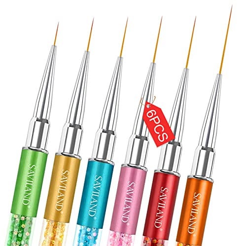 Saviland Pinceau Nail Art Ongle, 6pcs Pinceaux Ongle Kit Fins en Capuchon, Absorption Uniforme Pinceaux Liner Nail Art, Utiliser Facilement Stylos Detailes Pour Gel Peinture( Taile 7/9/11/13/23 mm)