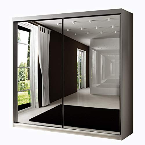 Mirjan24 Kleiderschrank Toplo 200 II, 2 Spiegel, Dielenschrank, Garderobenschrank, Schlafzimmerschrank, 200 x 200 x 62 cm, Schwebetürenschrank (Weiß, mit Blauer LED Beleuchtung.)