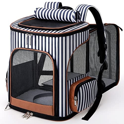 Lekesky Erweiterbar Katzenrucksack Hunderucksack für Katzen und Hunde bis 10 Kg, Faltbare Haustier Rucksack mit Innerer Sicherheitsleine und 2 Haustiermatte, Gestreift, L