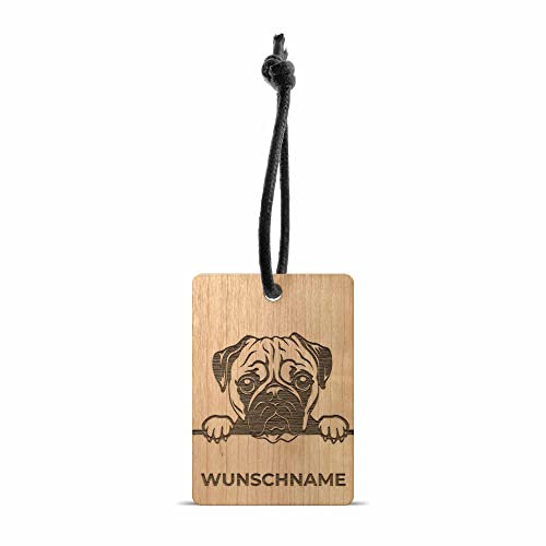 TecTonia Holz Gravur Schlüsselanhänger Mops | Wunschtext personalisierbar + wählbarer Hund | Nussholz - Kirsche - Eichenholz | tolle Geschenkidee für Tierliebhaber (Eiche)
