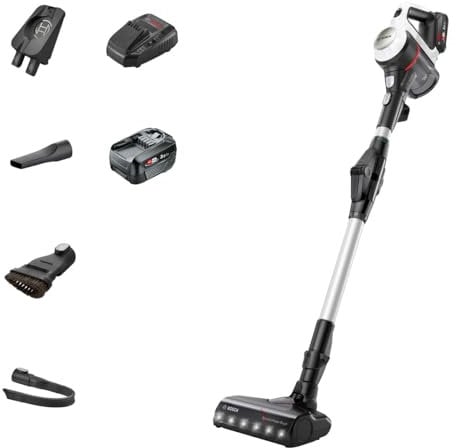 Bosch Unlimited 7 BCS712GB ProHome MultiUse Lightweight Cordless Vacuum Cleaner with Flex Tube, Quick Charger & Accessories, 2 Batteries 80 minutes runtime - White