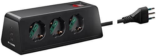 VIMAR 00608.CC Presa multipla da scrivania con interruttore automatico di protezione e cavo 2m, 3 uscite SICURY universali standard italiano, 2 uscite USB A e 1 USB C, spina 10A, nero