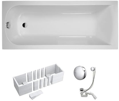 VBChome Badewanne 160x70 cm Weiß Acryl – Rechteckwanne mit Styroporträger, Siphon und Chrom-Ablaufgarnitur – Modernes Design, Komplettset für einfache Montage, Robust und Pflegeleicht