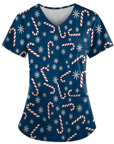 DHYUEN Krankenschwester Damen Kordelzug Medizinische Berufsbekleidung Freizeit Kasacks Damen Weihnachten Motiv Bunt Pflege Kasack Knopfen Damen Pflege Mit Weihnachten(Marine,XL)