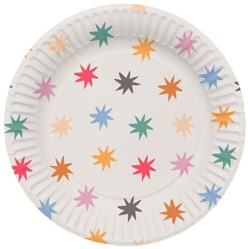 Folat 26861 Decoración de cumpleaños blanca con estrellas de colores - Platos - Starburst - 23 cm - 8 piezas - Vajilla de fiesta alegre y colorida para cumpleaños de niños y adultos