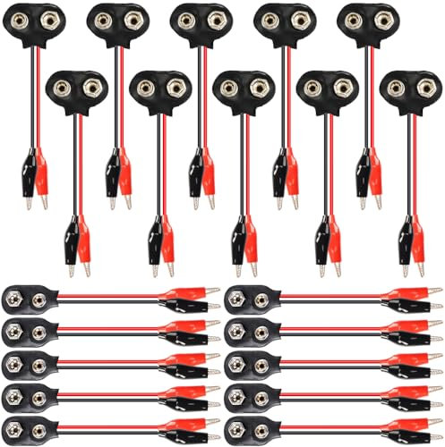 Xiatiaosann 9v Battery Connector to Dual Alligator Clips Cable, I-Type & T-Type 9 Volt Battery Clip with Black Red Alligator Clips for LED Strip (20 Pack)