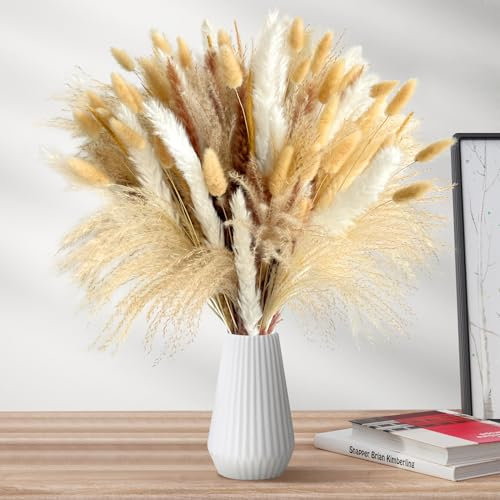 DATEFUN Pampasgras Trockenblumen Deko - 110 Stück Weiß mit Bunny Tails Getrocknete Blumen, Schilfgras - Natürliche Pampasgras Getrocknet für Boho, Wohnzimmer, Hochzeit, Tisch, Home Deko