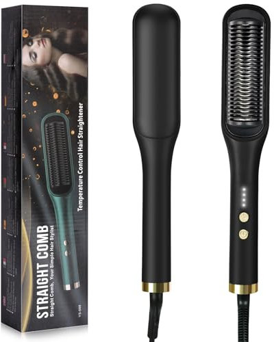 flintronic Cepillo Alisador Pelo, 2 en 1 Peine Alisador de Pelo Portátil, Planchas de Pelo con Iones Negativos, 4 Temperaturas, 130 °C-200 °C, Calentamiento Rápido, Anti Encrespamiento (Negro)