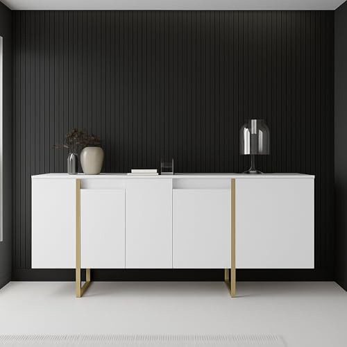 Dmora Sideboard Betel Weiß 160x35x80 cm, 4 Regale, 8 Fächer