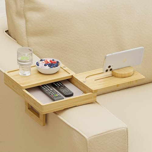 Wealone Bamboo Couch Arm Tray with 2 Rotatable Tray, Adjustable Sofa Arm Clip Table with Storage Box & 360° Phone Holder, Couch Armrest Table for Snacks, Drinks or Dining