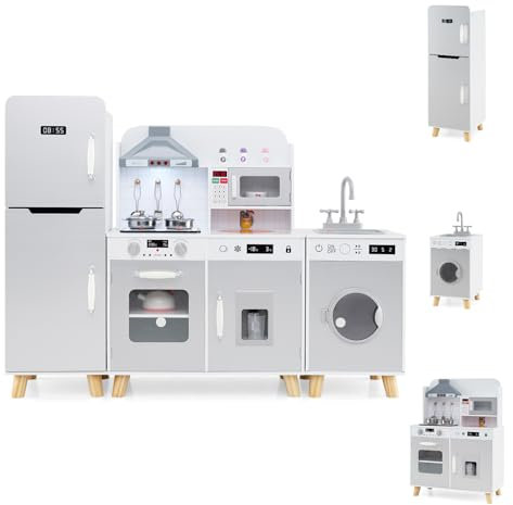 HOMASIS Kinderküche Holz, Spielküche mit Zubehör, Spielzeugküche mit Spüle Waschmaschine Kühlschrank Herd Ofen Mikrowelle Eismaschine, Kinderspielküche mit Licht & Sound, für Kinder ab 3 Jahre, Weiß