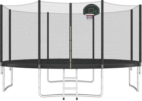 Trampoline, 16FT For Kids With Safety Enclosure Net, Basketball Hoop And Ladder, Round Recreational, Trampoline(Black Metal)