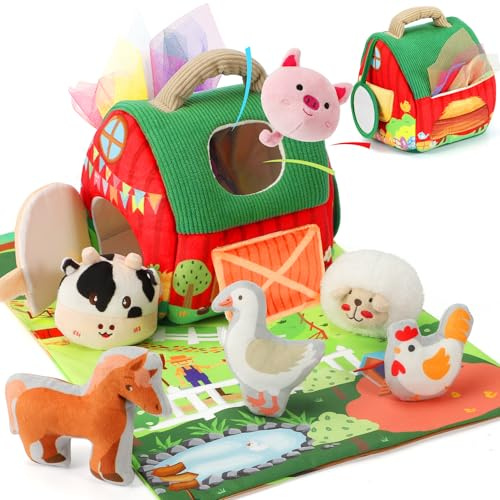 URMYWO Baby Toys 6 to12 Months Sensory Toy with Farm Animals Rattle Toys,Baby Mirror,Crinkle Paper,A Farm Mat,Montessori Toys Baby Easter for Toddler 1-3 Year