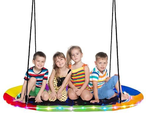 Maxmass Kids Tree Swing Seat, Giant Children Tree Swing with Adjustable Height, Outdoor Indoor Platform Swing Chair Hammock Lounger Surfing Swings for Yard Playground Garden Park (with LED Lights)