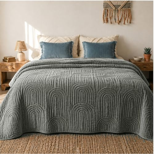 CalmyHOME Tagesdecke 240x260 Bettüberwurf Tagesdecken - Boho Style Samt Decke Bett Überwurf Bedspread Sofaüberwurf Sofa Steppdecke Überwurfdecke Überdecke, Anthrazit