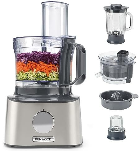 Kenwood Multipro Compact FDM307SS Kompakt-Küchenmaschine, 2,1 Liter, inkl. Edelstahl Messer, 3 Arbeitsscheiben und 6 weiteren Zubehör-Teile, Metallgehäuse, 800 Watt, Silber