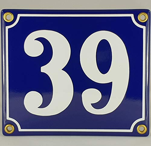Emaille Schild Hausnummer 39 Blau-Weiß Handarbeit