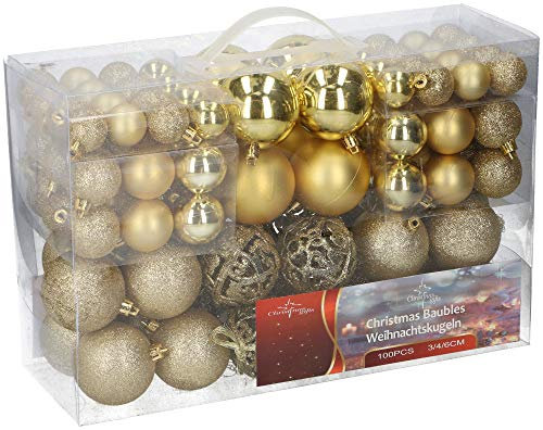 SHINE Bolas de Navidad 100 Piezas 3/4/6 cm y a Prueba de roturas, decoración del árbol de Navidad, Color Dorado