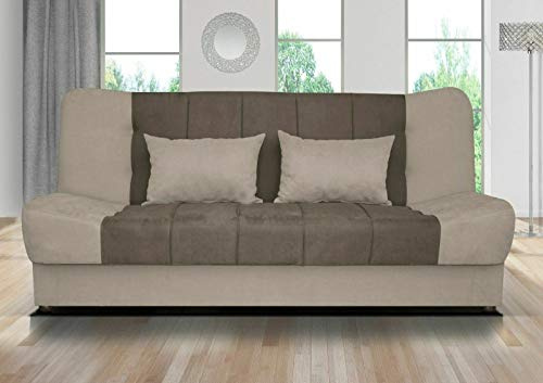 Amazing Sofas EU MADE SOLID WOOD CLICK CLACK SOFA BED FABRIC WITH STORAGE 3 SEATER DOUBLE BED Fire resistant as per British Standard, foam filled for comfort. (Brown/Beige)