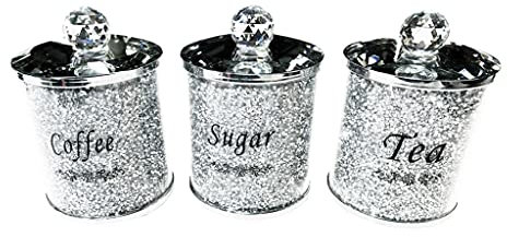 SPARKLE PALACE® Large Diamond Crushed Crystal Filled Tea Coffee Sugar Canister Jars Storage With Silver Trimmings