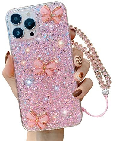 3D Butterfly Case Compatible with Apple iPhone 7/8/SE 2020 Cover Clear Bling Glitter Stars Soft TPU Cover with Crystal Chain Transparent Flexible Silicone Bumper Shockproof Case Cover(Pink)