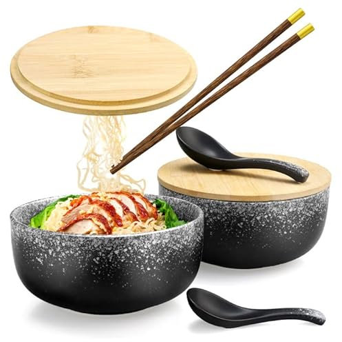 FHzytg 2 Stück Japanische Ramen Schüssel Keramik Mit Deckel - Pho Suppen Salat Müsli Bowl - Keramik Schüssel