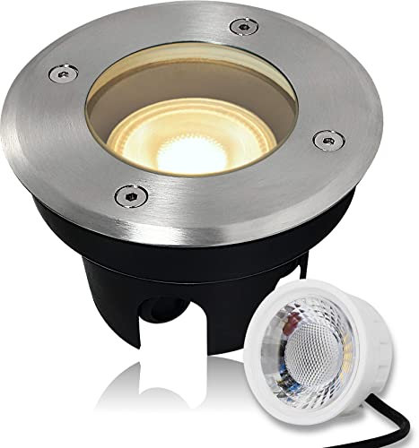 LEDFULL® Flacher LED Bodeneinbaustrahler für Aussen Set inkl. 230V dimmbar Modul Warmweiß 5W - Hell & Sparsam/Runder Bodenstrahler befahrbar - IP67 Wasserdicht