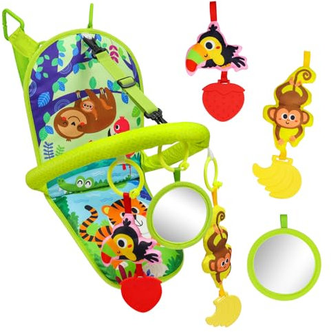 OKOOKO Car Seat Toy, Car Travel Activity Centre, Rear Facing Car Seat Toy, Arch Activity Center, Adjustable with Mirror Squeaker Ringing Bell (Jungle)