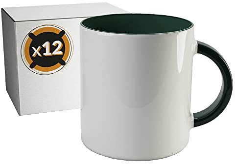 Pixcolor Lot de 12 tasses de sublimation en céramique blanche avec intérieur vert | Boîte individuelle neutre | 350 ml (11 oz) | Catégorie AAA | Passe au micro-ondes et au lave-vaisselle | Cricut