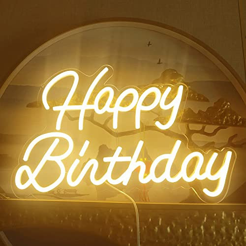 HFHungkeong Toile de fond murale néon Happy Birthday à LED pour décoration de mariage, bar, café, fête de Noël, cadeau pour enfants, réutilisable, alimentation USB 5 V (blanc chaud)