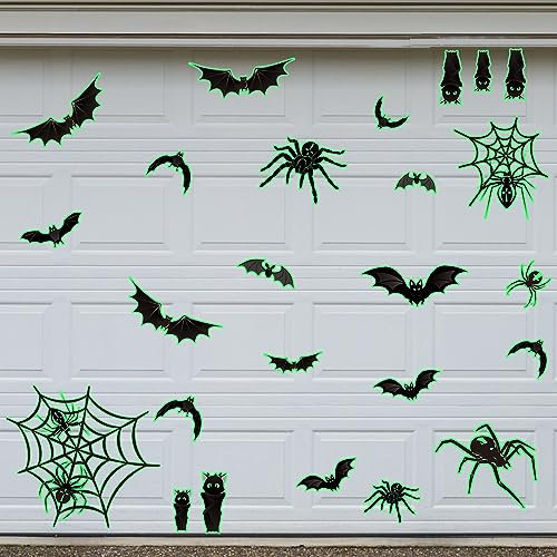 Whaline 25 Stück Halloween-Garagendekoration, Magnetaufkleber, leuchtende Fledermaus, Spinnennetz, Garagentor-Aufkleber, gruseliger Magnet, Kühlschrank-Aufkleber für Halloween-Party, Zuhause, Auto,