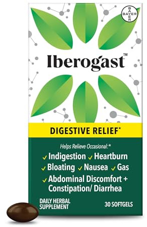 Iberogast Softgels, Herbal Relief of Stomach Upsets: Occasional Indigestion, Bloating, Gas, Nausea, Upset Stomach; 6-Herb Blend with Iberis Amara, Peppermint, Licorice, Lemon Balm; 30ct