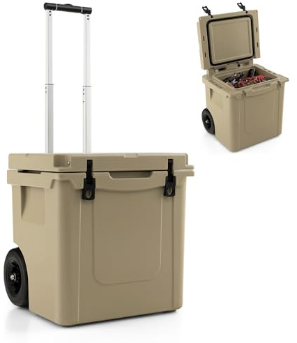 COSTWAY 43L Insulated Cooler Box, Mobile Ice Chest Box with All-Terrain Wheels, Aluminum Pull Handle and Bottle Opener, Portable Cooler for Camping, Fishing & Beach