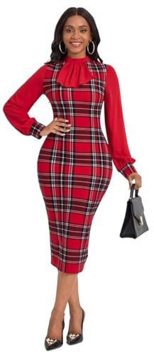 JIpoon Damenkleider Plaid Print Ruffle Front Lantern Sleeve Bodycon Dress (Color : Multicolor, Size : XL)
