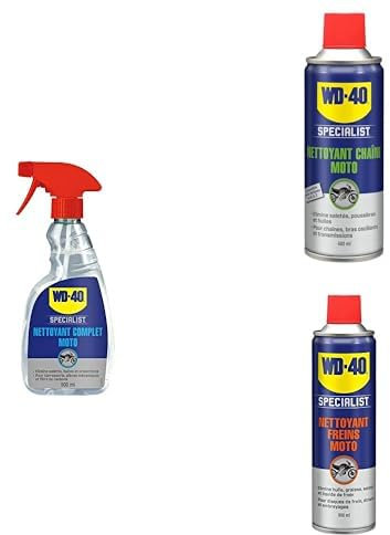 Kit Nettoyage Complet Moto WD-40 SPECIALIST • Nettoyant Complet 500 ml + Nettoyant Chaîne 400 ml + Nettoyant Freins 500 ml