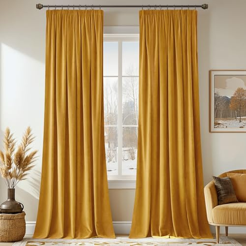 MIULEE Samtvorhang Kräuselband blickdicht 2er Set Senfgelb 140x225cm | Samtvorhang schwer blickdicht, thermische Isolierung, Kräuselband, edler Look für Wohn- und Schlafzimmer