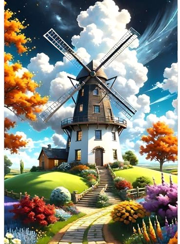 QINRUBB DIY Windmühlen Diamond Painting Erwachsene, 5D Park Diamant Painting Bilder Anfänger, Blumen Runder Vollbohrer Diamanten Malerei Stickerei Kreuzstich Geschenke Home Wand Dekor 30x40cm