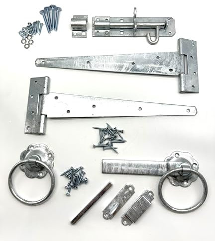 Hot Dipped Galvanised Heavy Duty Garden Gate Hinge Pack. 2X 12 Tee Hinges, Ring Latch, Padbolt & All Fixings. Hanging Kit for Garden Gates and Doors. Corrosion and Weather Resistant Hinge Set.