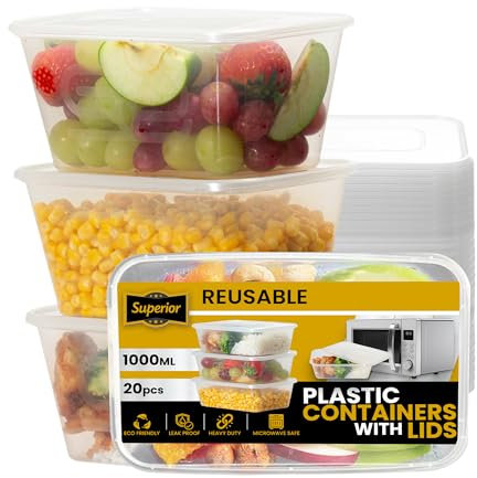 Superior Takeaway Containers with Lids – 20 Pcs Durable 1000ml Crack-Resistant Rectangular Food Containers with Lids -Microwave Safe Leak-Proof Takeaway Containers-Perfect for Meal Prep & Food Storage