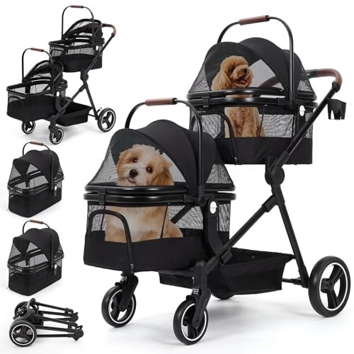 Faltbarer Doppelstöckiger Hundewagen für Haustiere bis 22kg, Katzen- & Hundebuggy mit Netzfenstern, Getränkehalter und Stauraum, Ideal für Zwei Kleine Hunde oder Katzen, Leicht und Bequem