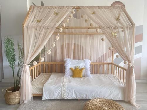 Baby Fancyroom Hausbett Himmel beige Betthimmel Deko Set Kinderzimmer für Kinderbett Baldachin Pompongirlande aus Premium Tüll für Hausbetten Hausbetthimmel (300cm, mit 5 goldenen Schmetterlingen)