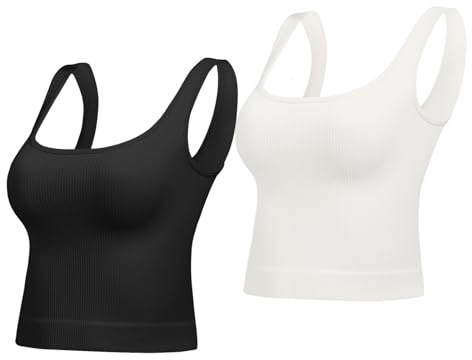 Lemef Crop Tops for Women Basic Seamless Ribbed Tank Top Square Neck Summer Teens Top Cute Workout Top Black White S